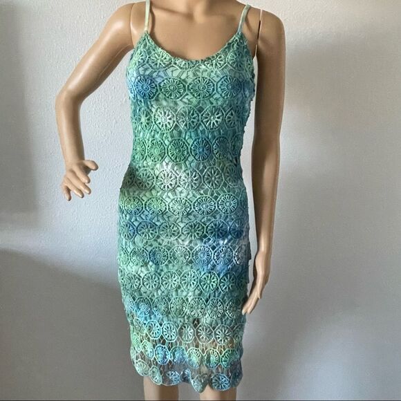 Jack. Tie Dyed Crochet Mini Dress Blue Green White Size 4 - Picture 3 of 14